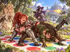 Kaela the fighter and Vesper the rogue play Twister in a forest glade. Seraphine the cleric watches in shock as Lyra the mage fires a spell at a distant goblin.