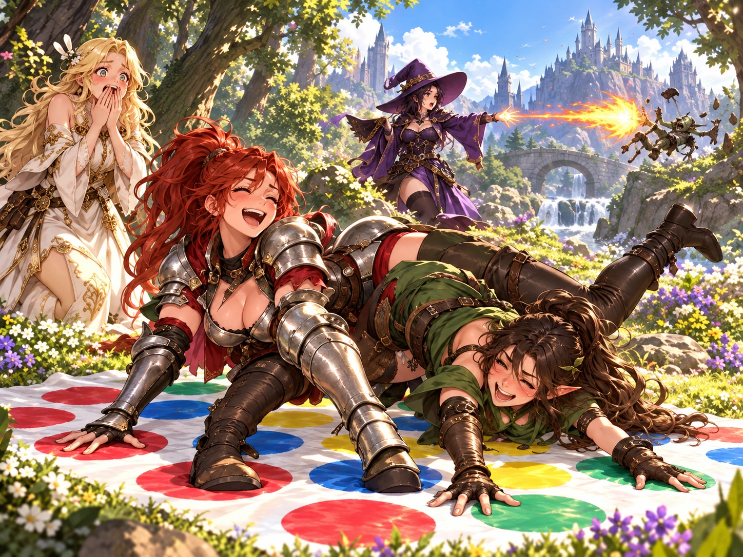 Kaela the fighter and Vesper the rogue play Twister in a forest glade. Seraphine the cleric watches in shock as Lyra the mage fires a spell at a distant goblin.